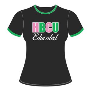 T-shirt à col rond en chenille avec bordure contrastée pour femmes diplômées des HBCU, noir avec lettres brodées roses et vertes, en coton, style universitaire - Product Image 2