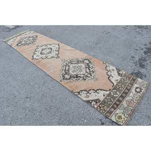 พรมตุรกีโบราณ2.7 x 11.6ft คลาสสิกสีส้มเบจแบบเย็บปะติดปะต่อกันการออกแบบพื้นที่ขนาดใหญ่ทำจากผ้าขนสัตว์สี่เหลี่ยมสำหรับห้องโถงพรมยางสำหรับห้องห้องโถง - Product Image 4