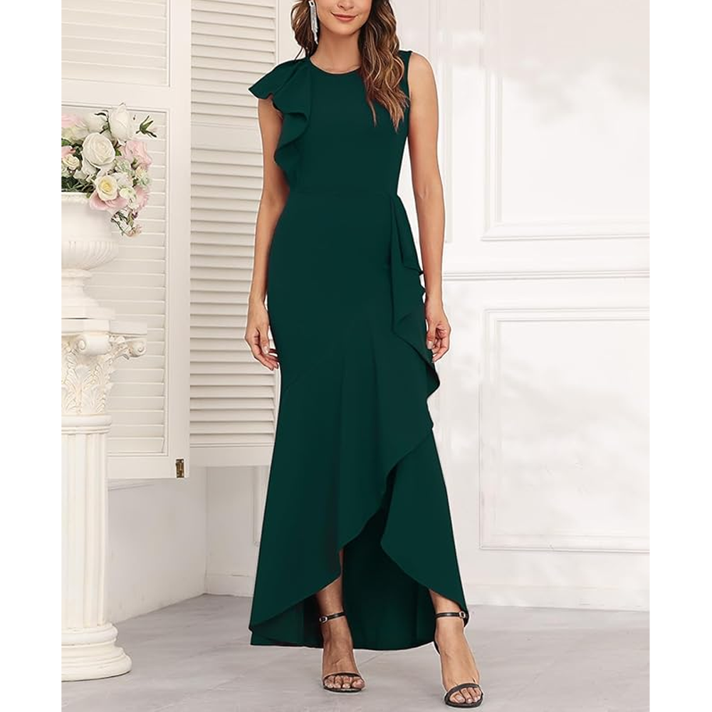 chinese dress ladies Chicsew Semi Formal Dresses for Wedding Elegant Mermaid One Shoulder Side Split Velvet Long Wedding Guest Dresses, Green main image 1