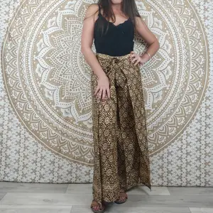 Moyana women's Thai pants in Indian silk. Boho wrap pants. Brown geometric print.