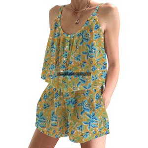 Ensemble de pyjama en coton indien imprimé à la main, short de pyjama, pyjama indien printemps/été, floral, ajusté, sans manches, ensemble de pyjama à bretelles - Product Image 2
