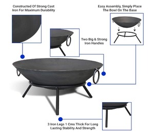Garden Fit Pit Tazón Kadai grande de hierro fundido con soporte de trípode con revestimiento negro Farmhouse BBQ Party Rústico Fire Pit Accesorios de jardín - Product Image 3