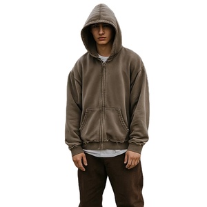 Peso pesado 400Gsm Tallas grandes Cremallera de gran tamaño con capucha Cremallera personalizada Lavado ácido Desgastado Estilo lavado vintage Sudadera con capucha - Product Image 5