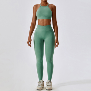 Medias de secado transpirables elásticas lisas de talla grande personalizadas Ribber, ropa de Yoga de dos piezas, traje de entrenamiento, conjunto de Yoga sin costuras para mujer - Product Image 2
