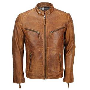 Chaquetas de cuero informales para hombre, chaqueta de cuero genuino 100%, chaquetas de moda de cuero tostado desgastadas - Product Image 1