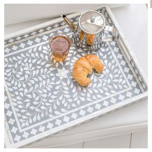 SOBRE LA BANDEJA CON INCRUSTACIONES BANDEJA DE SERVICIO HECHA A MANO INCLUSIÓN DE HUESO DE LUJO Ramadán Desayuno Comida Fruta Café Té Bandeja decorativa - Product Image 3