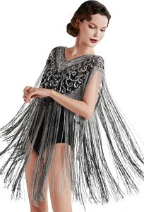 Belle élégante cape droite burlesque perles brins perlés paillettes attache cou tenue au sol pour club festif - Product Image 3