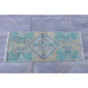 Alfombra Turca Pequeña de 1.3x2.9 pies (39x89 cm), Alfombra Vintage Azul Camuflaje - Product Image 4