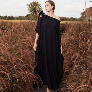 Women's Solid Black <b>Kaftan</b> Maxi <b>Dress</b> One Shoulder Loose Fit Floor-Length Natural Waist Elegant Evening Resort Wear Washable - Product Image 4