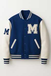 Chaqueta Varsity Azul Marino para Hombre con Mangas de Cuero Crema, Logotipo M Bordado, Cuello Camisero, Estilo Preppy, Corte Regular - Product Image 3