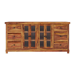 Buffet en teck massif rustique moderne fait à la main avec 6 tiroirs et portes en verre, écologique, durable, meubles de maison, rangement pour salle à manger - Product Image 4