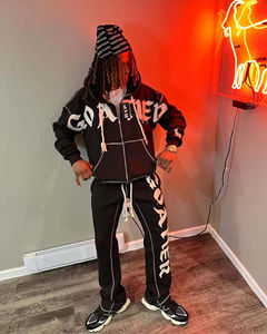 Ensemble de survêtement pour homme, hiver, uni, épais, avec surpiqûres contrastées, haute qualité, 2 pièces, style vintage, à capuche - Product Image 3