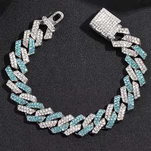 Geometric Rhodium Plated <b>Cuban</b> <b>Link</b> Bracelet With Blue Cubic Moissanite Diamond Inlay For Daily Wear Unisex Fashion Body <b>Chain</b> - Product Image 2