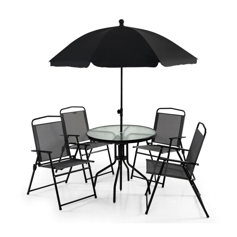 Costway Official 2-5 Days Arrive-6 Pieces Patio Dining Set Folding Chairs Glass Table Tilt Umbrella for Garden Premium Quality