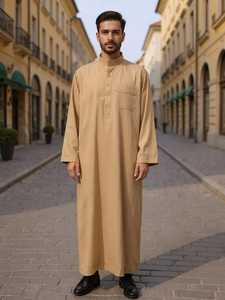 เสื้อผ้าอิสลามชาย thawb jubba สำหรับผู้ชายมุสลิมสีทึบแขนยาวสไตล์อาหรับ - Product Image 2