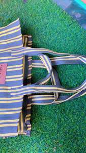 Bolsas de compras de bolsillo con doble asa a rayas PP tejidas ecológicas, plástico de polipropileno de nailon reciclado sostenible reutilizable - Product Image 5