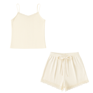 Conjunto de Camisola y Pantalones Cortos Ajustados de Punto Acanalado para Mujer, Pijama Ligero, Fabricación de Ropa OEM ODM - Product Image 1