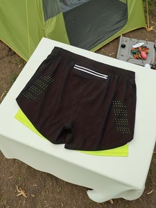 Men's Eco-Friendly Solid Black Running Shorts With Neon Green Inner <b>Layer</b> Quick Dry Elastic Waist Sporty Style Short Length - Product Image 3