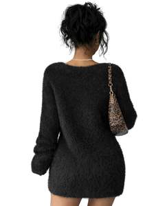 Vestido de Suéter de Punto Afelpado Negro Personalizado para Mujer, Cuello en V, Manga Larga, Felpa Suave, Cálido para Invierno, Moda, OEM, Venta al por Mayor, Hecho a Medida - Product Image 2