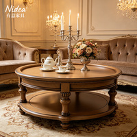 Mesa de Centro Redonda de Madera Maciza Tradicional, Mesa de Centro Clásica de 2 Niveles con Bandeja Superior y Patas Talladas, Muebles Vintage para Sala de Estar