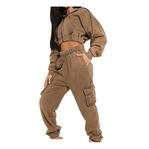 Chándal de algodón pesado con logotipo personalizado de alta calidad, pantalones Cargo estampados, traje para mujer, pantalones de chándal informales y Conjunto de sudadera con capucha, chándales - Product Image 5