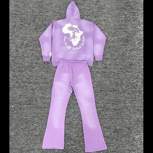 Ensemble de survêtement hiver Terry 100% Coton, couleur unie délavée au soleil, avec sweat à capuche et pantalon de survêtement évasé à imprimé numérique - Product Image 3