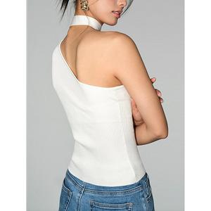 Women's Off <b>White</b> Asymmetric One-Shoulder Halter Ribbed Knit Tank <b>Top</b> - Product Image 4