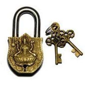 Medium Antique Handmade Brass Padlock with Maa Laxmi Idol a Stylish Lock for Your Home or Office - Product Image 2