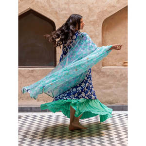 Turquoise Crinkled Knit Pleated <b>Skirt</b> with <b>Elastic</b> <b>Waist</b> - Product Image 5