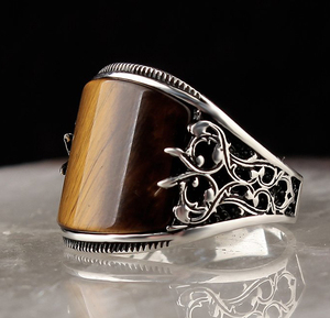 Bague de fiançailles de mariage en argent sterling 925 pour hommes Agate Aqeeq sertissage de lunette de diamant Design islamique ethnique pour l'usure des doigts - Product Image 3