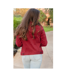 Women's Red Long Sleeve Casual Outdoor Jacket with <b>Button</b> up Design Chest Pockets Light Blue Denim Jeans Plain Dyed Technique - Product Image 3