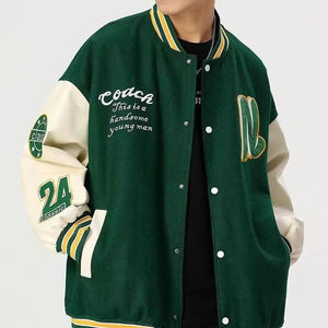 แจ็กเก็ตเบสบอลหนังหนาแขน PU สีดำสำหรับผู้ชายตามสั่ง OEM - Product Image 1