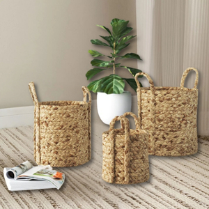 Natural Handwoven Water Hyacinth Clothes <b>Basket</b> Handmade Durable Coastal Design Natural Texture Convenient <b>Handles</b> Stylish Decor - Product Image 1