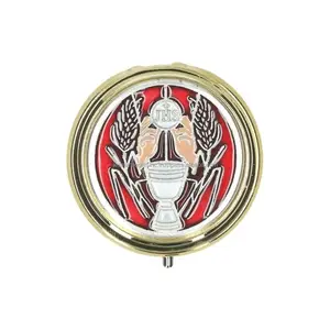 Modern Brass Pyx Keepsake Box With Shiny Polish & Multi Color Enamel Finishing Round Shape Embossed Design For Religious Use