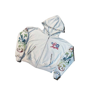 Sweat à capuche boxy personnalisé blanc avec fermeture éclair, 100% coton, automne, strass colorés, manches imprimées dégradées, esthétique Y2K, manches longues - Product Image 1