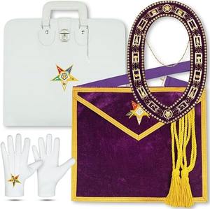 ชุดเครื่องราชอิสริยาภรณ์อีสเทิร์นสตาร์ (Order of the Eastern Star) ประกอบด้วยผ้ากันเปื้อน, ปลอกคอ, ถุงมือ และกระเป๋า |   ผ้ากันเปื้อนกำมะหยี่สีม่วงและสีทอง - Product Image 1