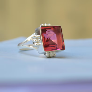 Minimaliste 925 Sterling Silver Mariage Cadeau Déclaration Anneau Carré Rose Tourmaline Gemme Christian À La Mode Minimaliste - Product Image 3