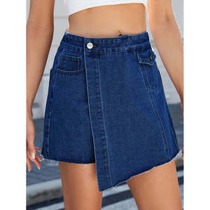 Jupe en jean asymétrique à ourlet effiloché, ornée d'une ceinture à boutons, coupe crayon décontractée et sexy, taille légèrement ajustée, idéale pour l'été, l'automne et l'hiver, disponible en plusieurs couleurs. - Product Image 1