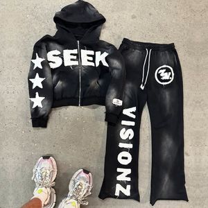 Survêtement personnalisé délavé à l'acide Ensemble de survêtements de jogging Streetwear Impression bouffante Lavage par pulvérisation Pantalon de survêtement évasé et ensemble de sweat à capuche avec fermeture éclair complète - Product Image 6