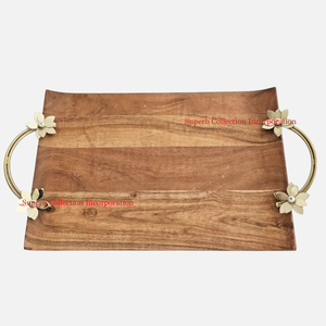 Plateau de service à biscuits Plateau rond en bois avec anse florale en métal doré à vendre - Product Image 3