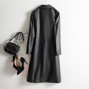 Vente en gros de nouveaux manteaux longs en cuir véritable noir imperméables pour femmes, sur mesure, automne/hiver, avec design personnalisable - Product Image 2