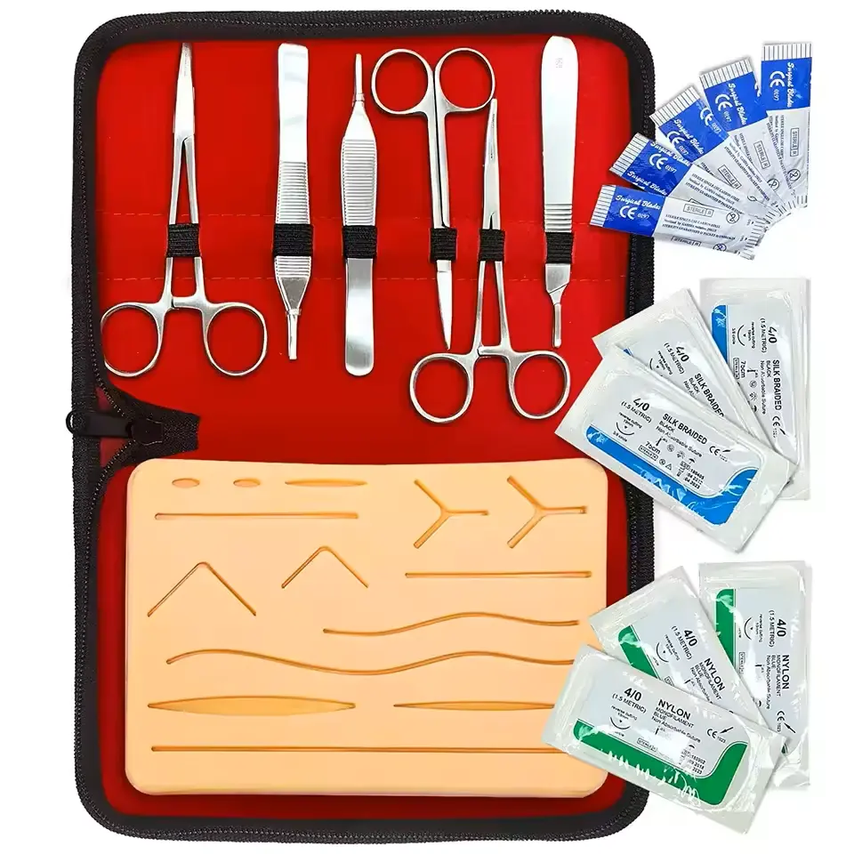 Kits de sutura para estudantes de alta qualidade, 6 peças, suporte para bisturi, pinça de tecido, tesoura iris acrílica, metal, aço