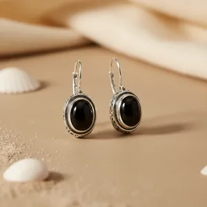 Boucles d'oreilles pendantes géométriques en argent 925 pour femmes avec onyx noir - Product Image 2