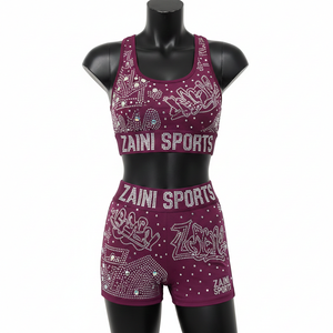 Ensemble shorty femme en polyester élasthanne 220 GSM de qualité supérieure, couleur bordeaux, avec logo personnalisé en strass thermocollé, ensemble shorty femme en coton - Product Image 1