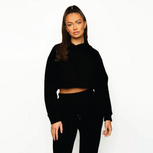 Sweat à capuche respirant pour femme, coupe décontractée et courte, épaules tombantes, noir, 80% viscose 15% polyester 5% élasthanne - Product Image 1