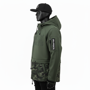 Chaqueta Softshell Premium GSM para Hombre, Color Verde Oliva con Panel de Camuflaje, Personalización de Logotipo de Alta Densidad, Chaqueta Softshell para Hombre - Product Image 5