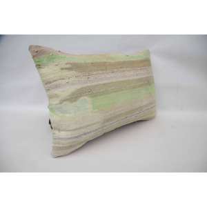 Subtle Beige Striped Wool Patchwork Kantha 16x24 Inch Woven Decorative <b>Pillow</b> with Vintage Pattern - Product Image 3