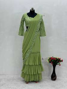 Designer traditionnel lourd fausse georgette à volants Lehenga élégant moderne vêtements de mariée détails complexes pour les fêtes - Product Image 4