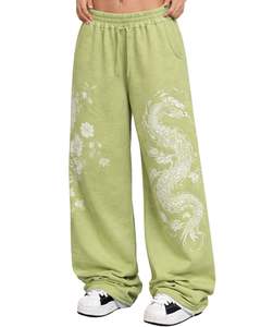 Pantalons de survêtement à jambes larges à imprimé floral de dragon vert personnalisés pour femmes, streetwear surdimensionné, coupe ample, pantalon de jogging en molleton, OEM personnalisé - Product Image 1