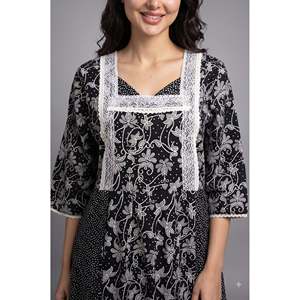 Evolove X Farasha Women's Embossed Floral Butterfly Cotton Quick Dry <b>Maxi</b> Flared Long Nightgown with 3/4 Sleeves Size XS - Product Image 5